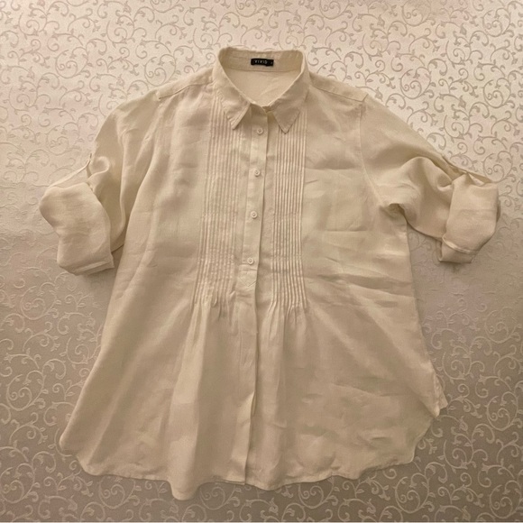 Vivid Linen Pleated Button Up Blouse With Roll Tab Sleeves Size Large - Picture 10 of 16